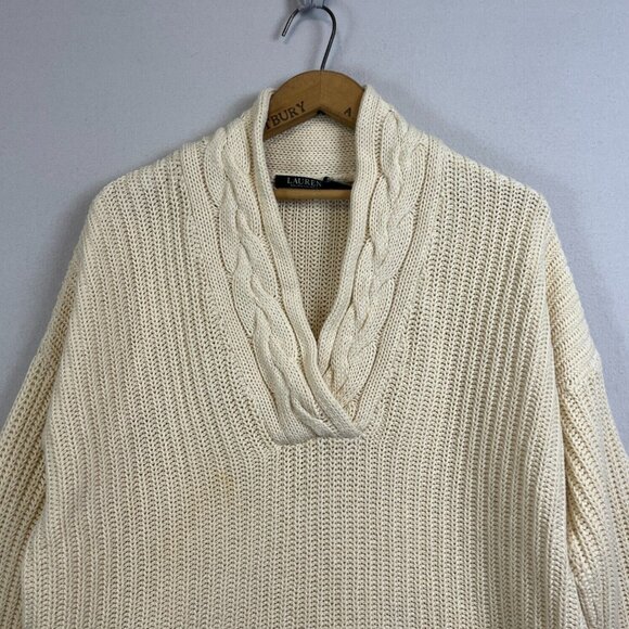 LRL Ralph Lauren Womens Cable Knit Fisherman Sweater Size Large Cream Cotton - Picture 5 of 9